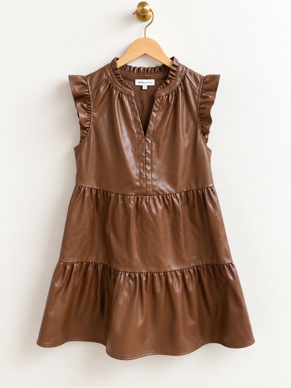 Skies Are Blu Brown Faux Leather Tiered Ruffle Sleeve Dress Size Small